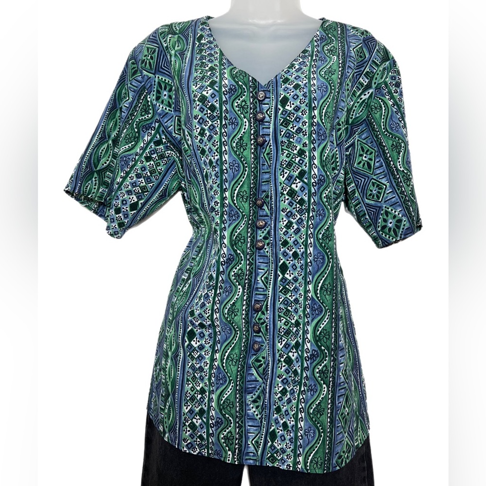 Vintage Unique Pattern Blue Green Plus-size XL Blouse Top
